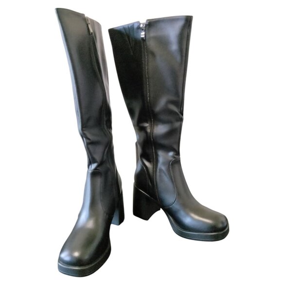 Sovanyou Size 9.5 Boots Knee-High Black Faux Leather Stylish Durable Square Toe - Picture 2 of 11